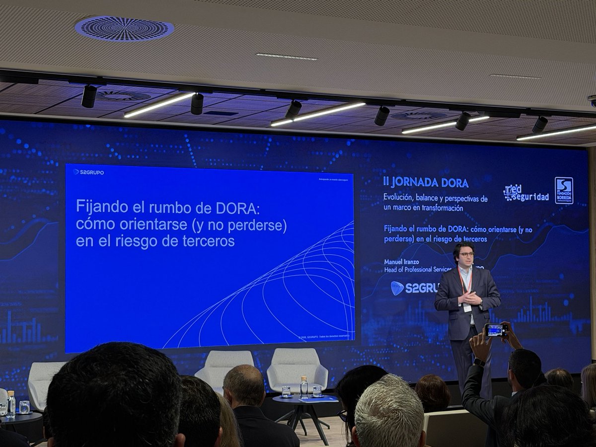 Hoy como patrocinadores en el evento organizado por <a href="/Red_Seguridad/">Red Seguridad</a> y <a href="/Fund_Borreda/">Fundación Borredá</a> sobre DORA: Evolución, balance y perspectivas de un marco en transformación. 

Manuel Iranzo, Head of Professional Services de S2GRUPO, nos ha hablado sobre cómo orientarse en el riesgo de terceros