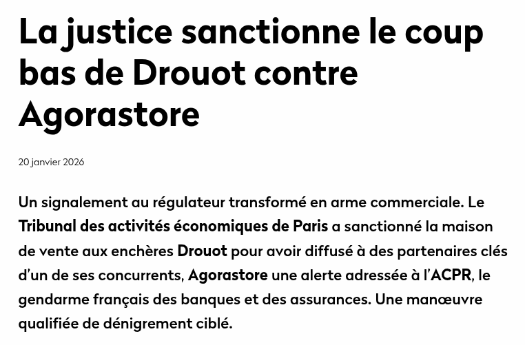 Peut-on transformer un signalement réglementaire en outil de déstabilisation commerciale? La vénérable maison de ventes aux enchères Drouot vient de se faire taper sur les doigts par le tribunal de commerce.
gothamcity.fr/2026/01/20/la-…