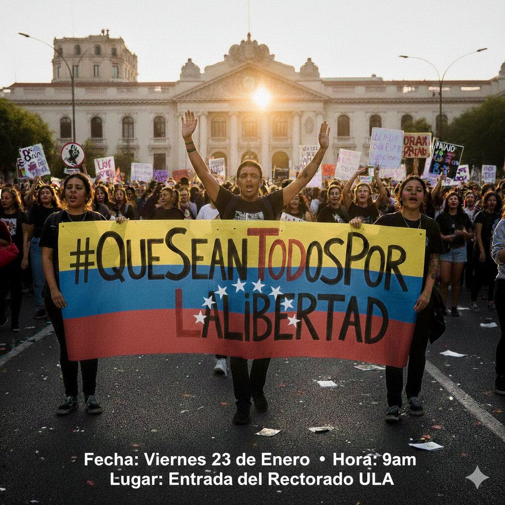 GenteconMariaC's tweet photo. Mérida exige la Libertad de los Presos Políticos, que sean todos puestos en Libertad 
Viernes 23 de Enero
Entrada al Rectorado de la ULA
9am

#QurSeanTodosPotLaLibertad
#LibertadParaLosPresosPoliticos https://t.co/RTnZVZT1as