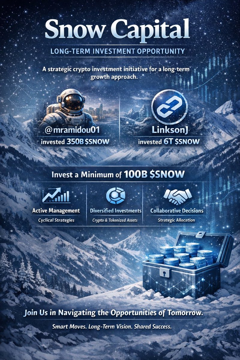 The_Snow_Token's tweet photo. Snow Capital — Long-Term Investment Opportunity

There is a new opportunity for committed Snow believers.

We are launching Snow Capital, a collaborative crypto investment initiative designed for participants who believe in disciplined strategy, active management, and the long-term growth of capital within and beyond the $SNOW ecosystem.

Snow Capital is not about passive buy-and-hold at all costs. The crypto market moves in clear cycles, and sustainable returns are built through informed decision-making, profit rotation, and strategic exits and re-entries. 

Our objective is to manage capital intelligently across cycles, starting with $SNOW as the initial asset.

Participants may invest a minimum of 100B $SNOW into the multisig investment wallet.

Two investors have already taken positions:
@mramidou01  invested 350B $SNOW
@LinksonJ  invested 6T $SNOW

Snow Capital is structured as a crypto investment management pool. While $SNOW is the foundation, profits may be strategically allocated into other digital assets and tokenized instruments as opportunities arise, with decisions made collaboratively to enhance risk management, returns, and transparency.

This initiative is built on conviction, strategy, and cooperation, not hype.

If you share a long-term vision, value disciplined capital management, and are willing to engage in a thoughtful investment journey, you may consider joining us.

The future is uncertain  and that is precisely where opportunity is created.