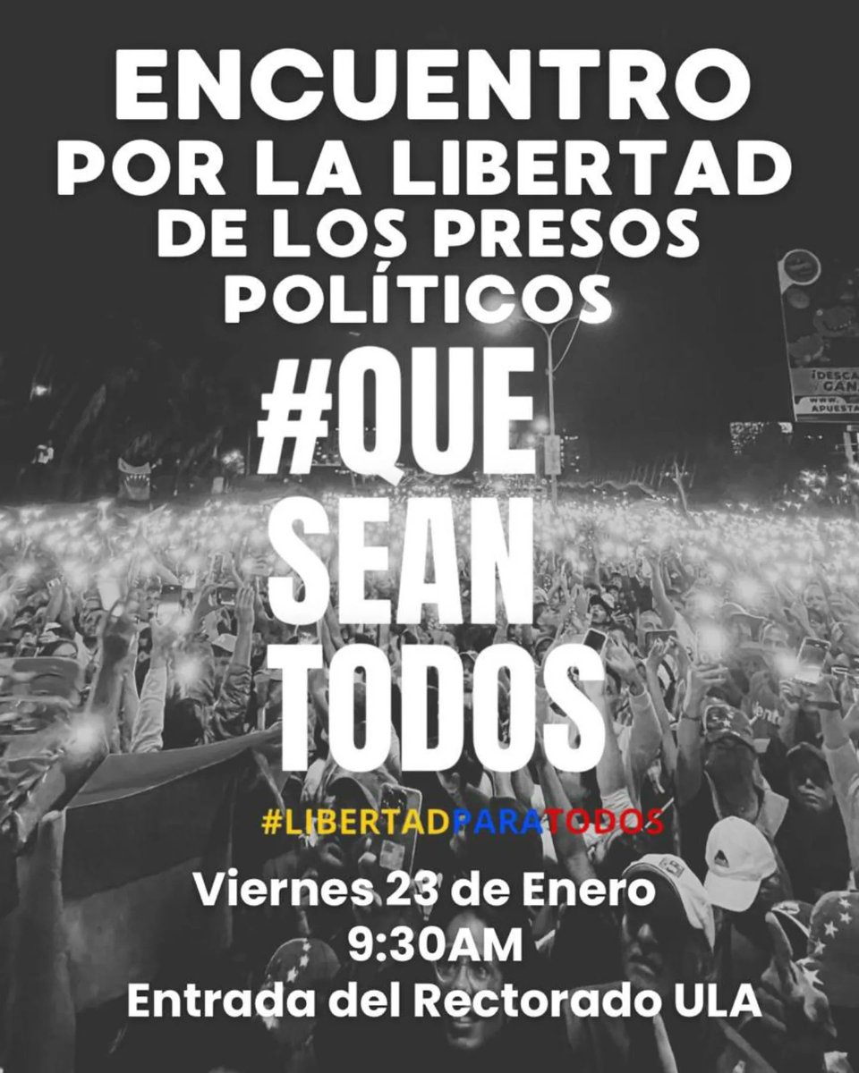 ConVenezuela_Me's tweet photo. Mérida exige la Libertad de los Presos Políticos, que sean todos puestos en Libertad 
Viernes 23 de Enero
Entrada al Rectorado de la ULA
9am

#QurSeanTodosPotLaLibertad
#LibertadParaLosPresosPoliticos https://t.co/6IHRVHVUmB