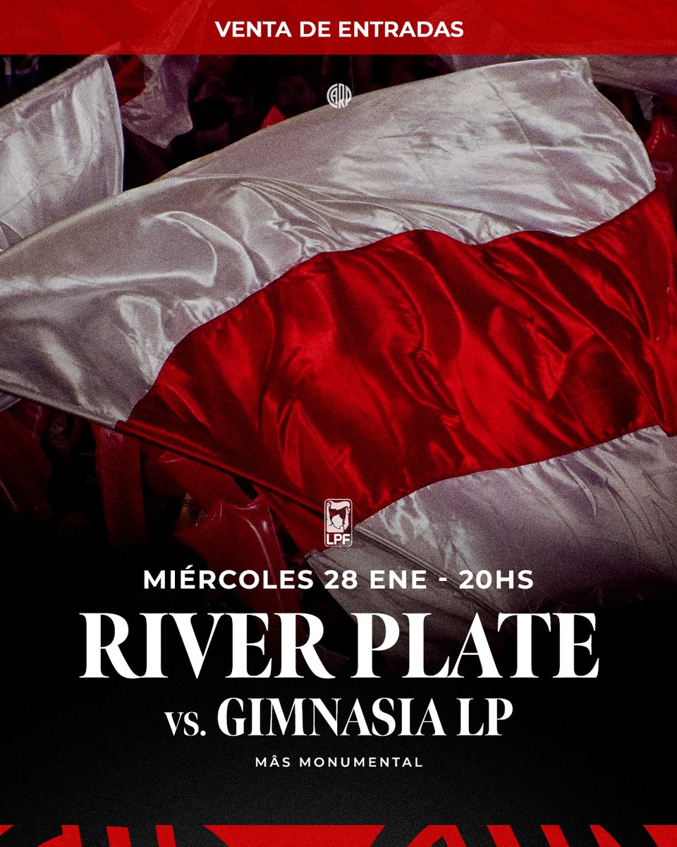 RiverPlate's tweet image. 🏟 𝗩𝗲𝗻𝘁𝗮 𝗱𝗲 𝗲𝗻𝘁𝗿𝗮𝗱𝗮𝘀 | River Plate vs. Gimnasia LP en el Mâs Monumental.

📆 Jueves 22/1 desde las 10: cupo exclusivo para Socios sin TLM. 
📆 Jueves 22/1 desde las 17: cupo general para Socios y Somos River.
📆 Sábado 24/1 desde las 10: venta para no socios (en
