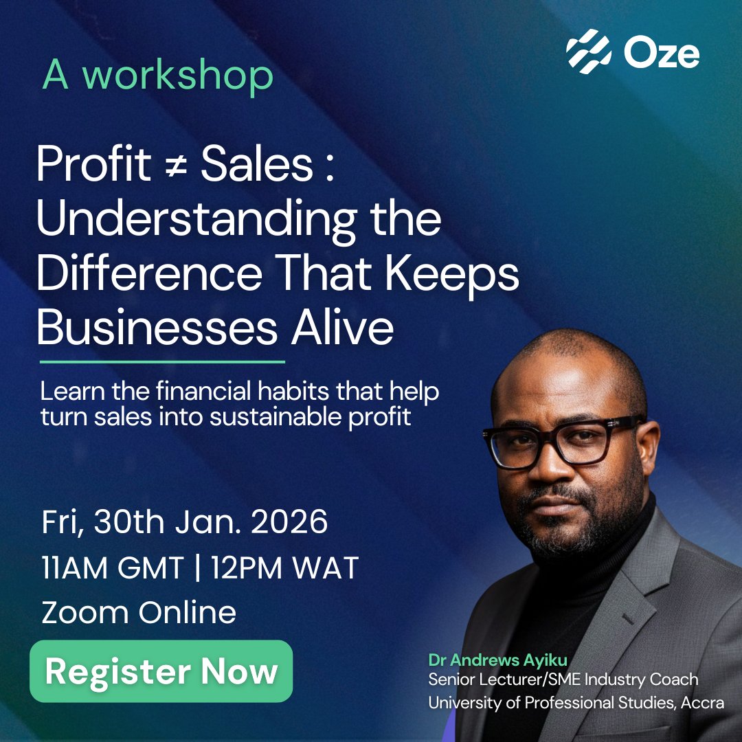 Join our workshop via zoom with Dr. Andrews Ayiku, where we’ll help business owners understand why sales don’t always mean profit and how to take control of their business finances.
Fri, 30th Jan 2026 | 11AM GMT | 12PM WAT
Register here :👇hubs.la/Q03_H2qN0