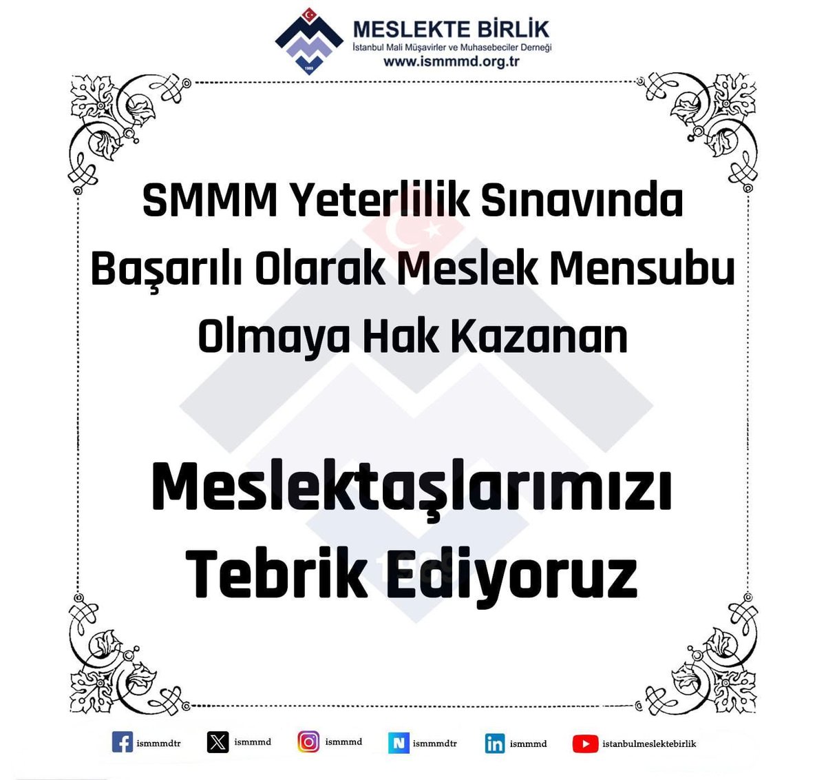ismmmd's tweet photo. SMMM Yeterlilik Sınavında başarılı olan tüm meslektaşlarımızı yürekten tebrik ediyoruz.
Aramıza hoş geldiniz! 💐
Birlikte güçlüyüz, birlikte büyüyoruz.

#ismmmd #MeslekteBirlik #SMMMYeterlilikSınavı #smmm #malimüşavir #tmbplatformu #TürkiyeMeslekteBirlik https://t.co/gs3jUufb2f
