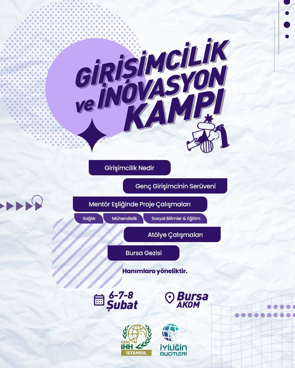 Girişimcilik ruhun varsa ya da bu alanda ilk adımını atmayı planlıyorsan; bir projen veya fikir aşamasında bir projen bulunuyorsa, üniversiteli hanımlara özel düzenlediğimiz kampımıza davetlisin. ✨