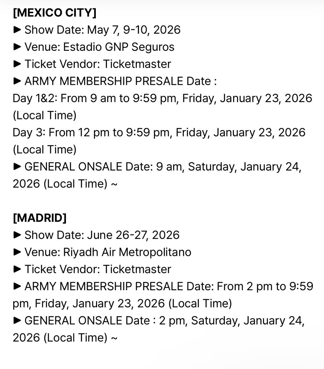 tksovers's tweet photo. Army membership pre-sale schedule in Madrid and Mexico City has been changed. 

— Please make sure to read the changes properly!! https://t.co/gM1KYB83T3
