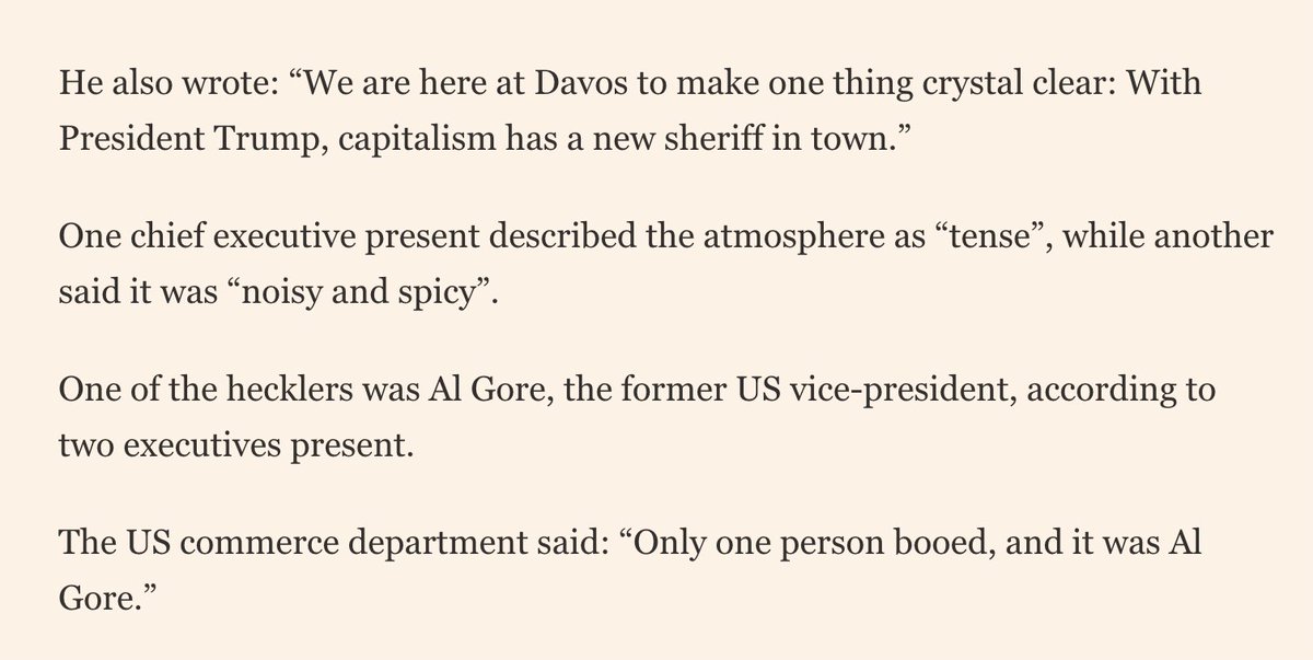 cmclymer's tweet image. Trump's commerce secretary Howard Lutnick was heckled while speaking at a dinner at Davos. Christine Lagarde, head of the European Central Bank, walked out of the event. Al Gore (!!!) openly booed him.