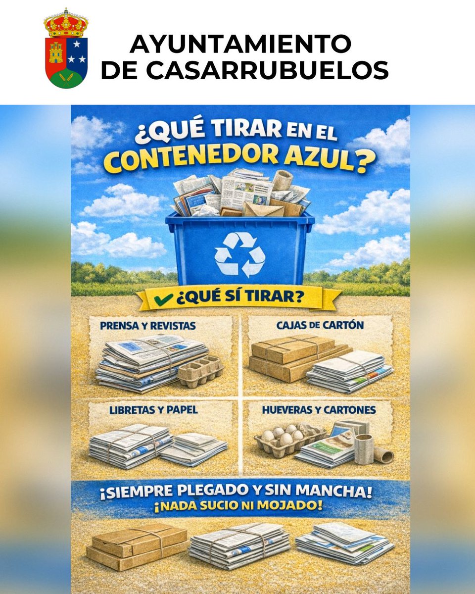 ♻️Reciclar bien empieza en casa. Separar correctamente los residuos y depositarlos en el contenedor adecuado es fundamental para cuidar el medio ambiente. Y tú, ¿sabes qué depositar en cada contenedor?🟦Empezamos con el contenedor azul = papel y cartón limpios y secos #reciclar