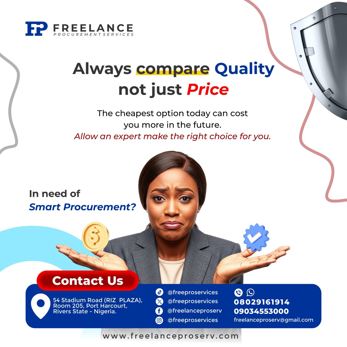 freeproservices's tweet photo. Choosing price over quality results to a more expensive consequence. Always choose quality over price to save money for future costs.

In need of Smart Procurement?

Contact us today
📞 08029161914
📩 freelanceproserv@gmail.com

 #procurementtips #freelanceprocurementservices https://t.co/kQ7RsQp2qo