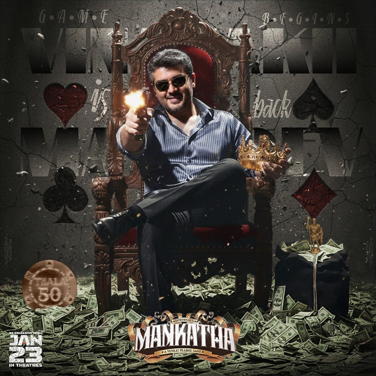 rameshlaus's tweet photo. The King is Back! 🔥 

#MankathaReRelease Special CDP! https://t.co/DPjFrdXjbr