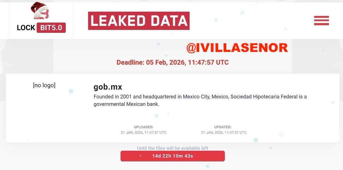 ivillasenor's tweet image. 🔴 | GRAVE: LockBit añade como víctima al gobierno de México

El grupo de ransomware LockBit, considerado uno de los más activos y peligrosos a nivel mundial, habría secuestrado (cifrado) información confidencial de la Sociedad Hipotecaria Federal (@SHFoficial).

La relevancia…