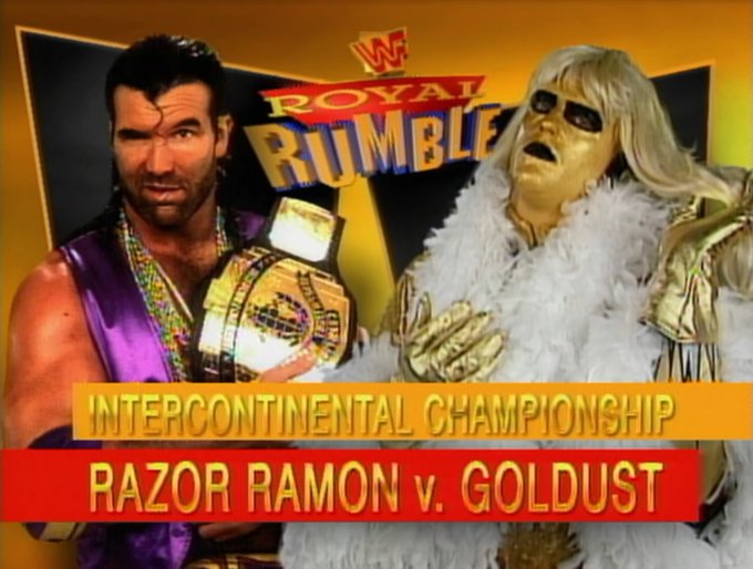 wrestle_hist's tweet photo. 1/21/1996  

Goldust defeated Razor Ramon to become the new Intercontinental Champion at the Royal Rumble from the Selland Arena in Fresno, California.  

#WWF #WWE #RoyalRumble #Goldust #DustinRhodes #TheNatural #RazorRamon #ScottHall #TheBadGuy #HeyYo https://t.co/78q40nWSLA