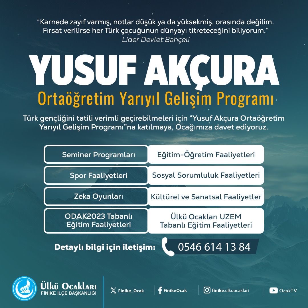 Türk gençliğini tatili verimli geçirebilmeleri için “Yusuf Akçura Ortaöğretim Yarıyıl Gelişim Programı”na katılmaya, Ocağımıza davet ediyoruz.
<a href="/ayyildirim1/">Ahmet Yiğit Yıldırım</a>
<a href="/omerfarukyildrm/">Ömer Faruk Yıldırım</a> 
<a href="/BalabanKemal/">ϜϓſϞ Kemal BALABAN  🇹🇷🇹🇷🇹🇷</a> 
<a href="/UReis07/">Uğur ÖZKAN</a>
