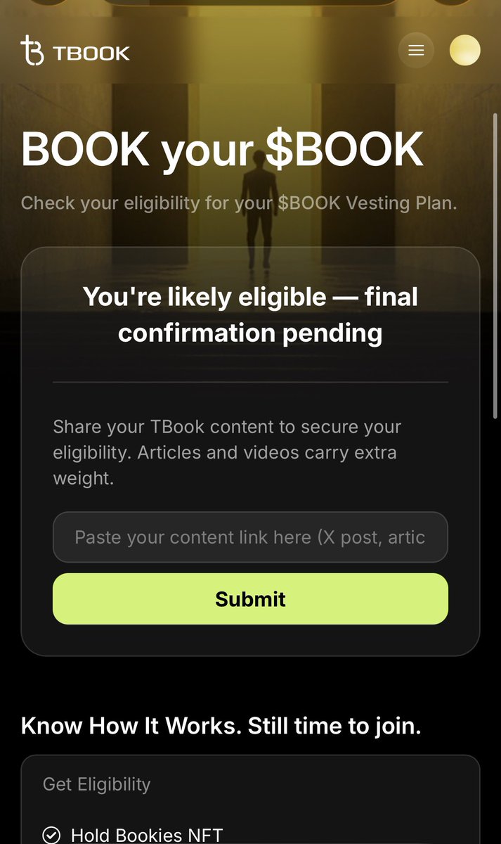The $BOOK eligibility check is currently live, and I am likely eligible.
My status is based on the criteria shown on <a href="/realtbook/">TBook</a>