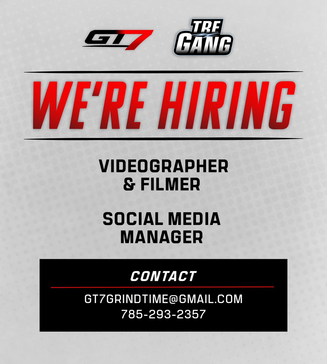 WE’RE HIRING 🚨

GT7 x TRE Gang
• Videographer/Filmer
• Social Media Manager

Let’s work.
📧 gt7grindtime@gmail.com
📞 785-293-2357