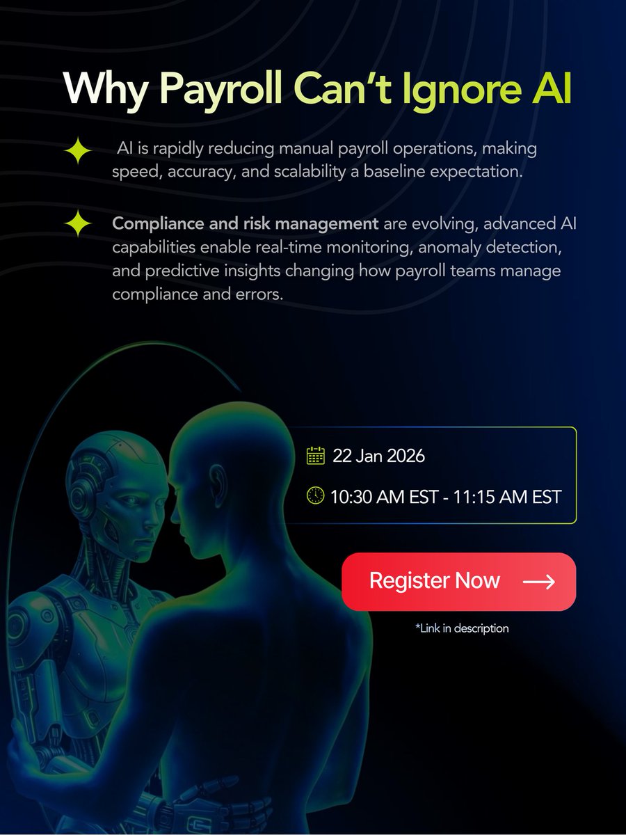 Neeyamo's tweet photo. Payroll’s future is being shaped by AI - not just through automation, but through greater responsibility and leadership.

Join our experts as they share real-world perspectives on payroll transformation, global compliance, and governance in an AI-powered world of work.

Gain insights to help your organization adopt AI responsibly and confidently.
Register now:  https://t.co/GoV8QlTGpz

#GlobalPayroll #AI #FutureOfPayroll #WithNeeyamo