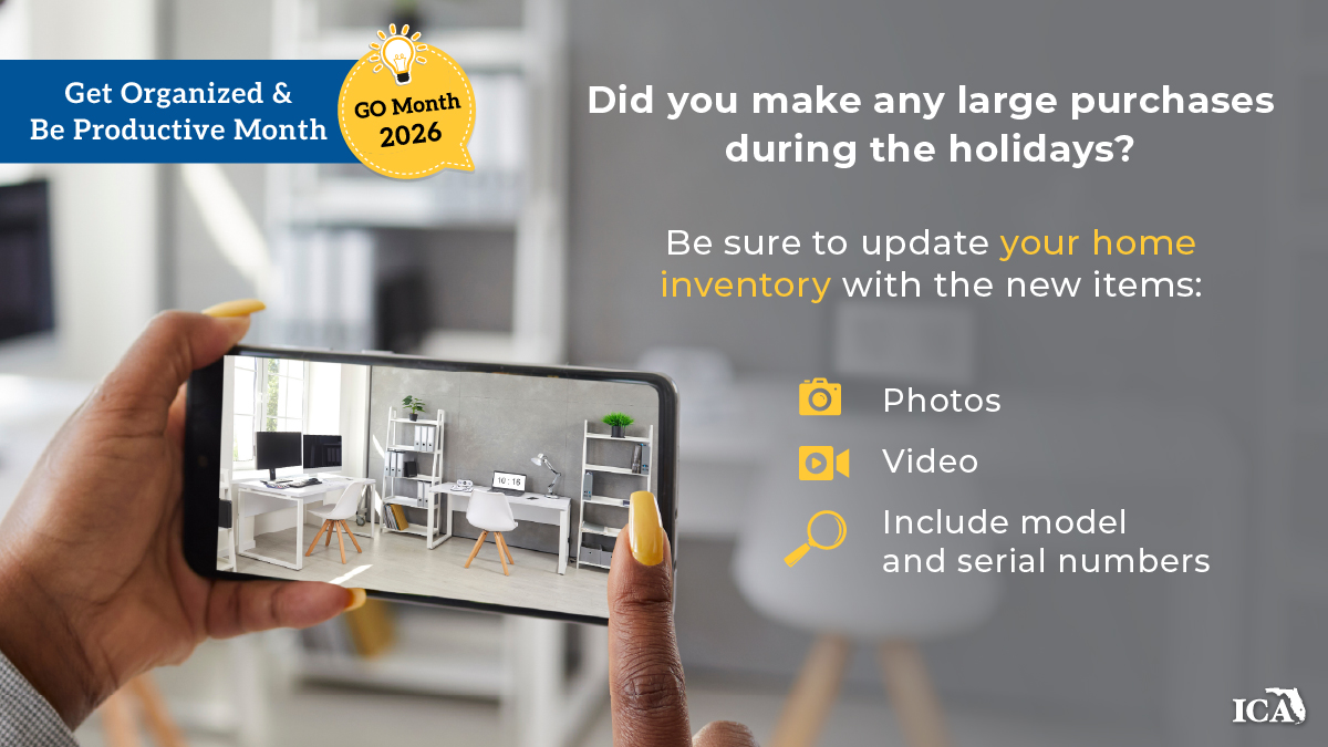 Did you make any large purchases during the holidays? Be sure to update your home inventory with the new items - photos, video w/ model &amp; serial numbers. Ensure you capture both the interior &amp; exterior of your home (safely). #GoMonth2026