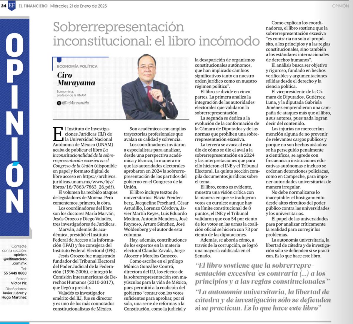 Jurídicas <a href="/UNAM_MX/">UNAM</a> publicó un libro acerca de la inconstitucional sobrerrepresentación en el Congreso.

Ese trabajo académico incomodó al poder.

La autonomía y la libertad de investigación sólo se defienden si se practican.

Mi texto en <a href="/ElFinanciero_Mx/">El Financiero</a>👇
elfinanciero.com.mx/opinion/ciro-m…
