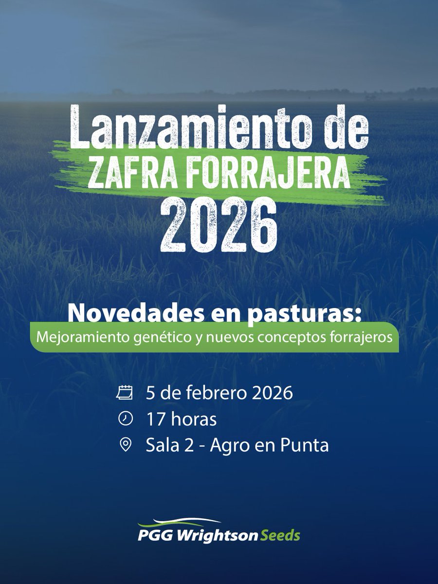 La zafra forrajera 2026 empieza en Agro en Punta 🌱

Este 5 de febrero a las 17 h, en la sala 2 en <a href="/agroenpunta/">AgroenPunta</a>, realizamos nuestro tradicional lanzamiento de zafra forrajera donde novedades en pasturas haciendo foco en mejoramiento genético y nuevos conceptos forrajeros 😎

Un