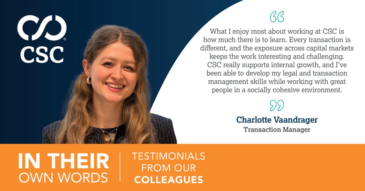 Charlotte enjoys working at CSC because she has the ability to learn something new every day through a variety of capital markets transactions and working with a supportive, collaborative team.

Want to join our team? Click here: cscglobal.com/careers 

#CSC #Recruitment