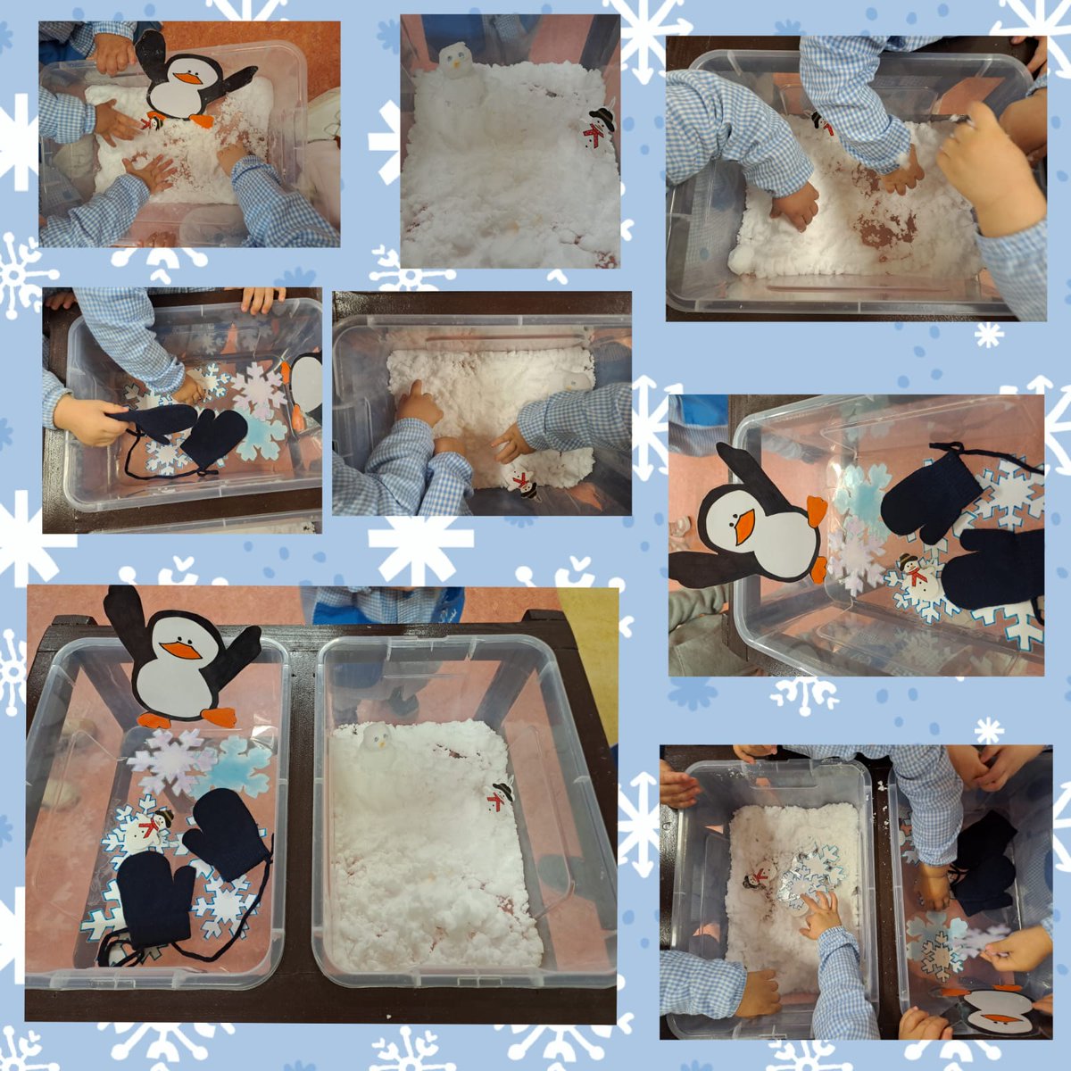 Hoy hemos experimentado...
Bicarbonato, un poquito de agua y...¡tachán! NiEVE CASERA y fresquita.🌨️
Con muñeco de nieve incluido ☃️.
Se trata, de experimentar y aprender jugando, conocer distintas texturas, colores, olores...❤️
Aulas 1-2 años.🦆🐢🐌