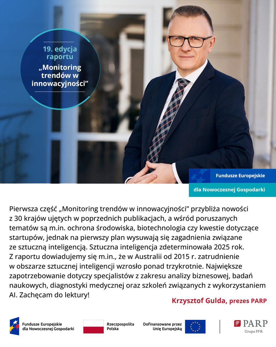 parpgovpl's tweet photo. Jeśli jeszcze nie widzieliście, to koniecznie sprawdźcie najnowszy raport „Monitoring trendów w innowacyjności 2025” z #FENG #FunduszeUE!

To 19. edycja publikacji #PARP 👉 pokazuje zjawiska kształtujące rozwój innowacji i poprawę jakości życia.
Sprawdź: https://t.co/Lc21qVIWSF https://t.co/AIRawzkTT8