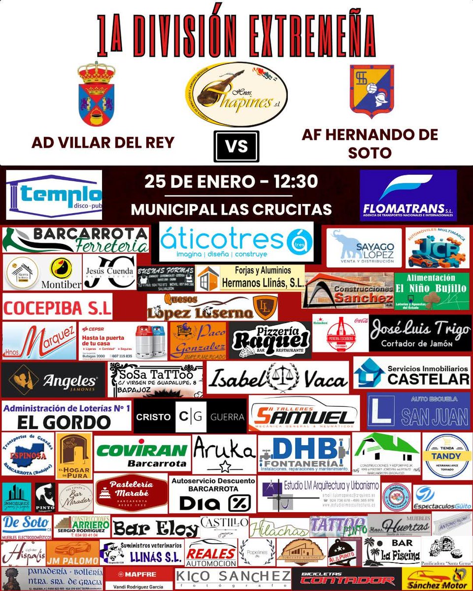 📢⚽NOS VOLVEMOS A DESPLAZAR, ESTE DOMINGO A VILLAR DEL REY🚗🚌
Comenzamos la segunda vuelta del campeonato y esperamos todo vuestro apoyo 🗣️ para traernos los 3 puntos ⚔️

🆚 AD Villar del Rey
📆 Domingo 25 de Enero
⌚ 12:30
🏟 Estadio Municipal Las Crucitas

🟡🔵VAMOS HERNANDO