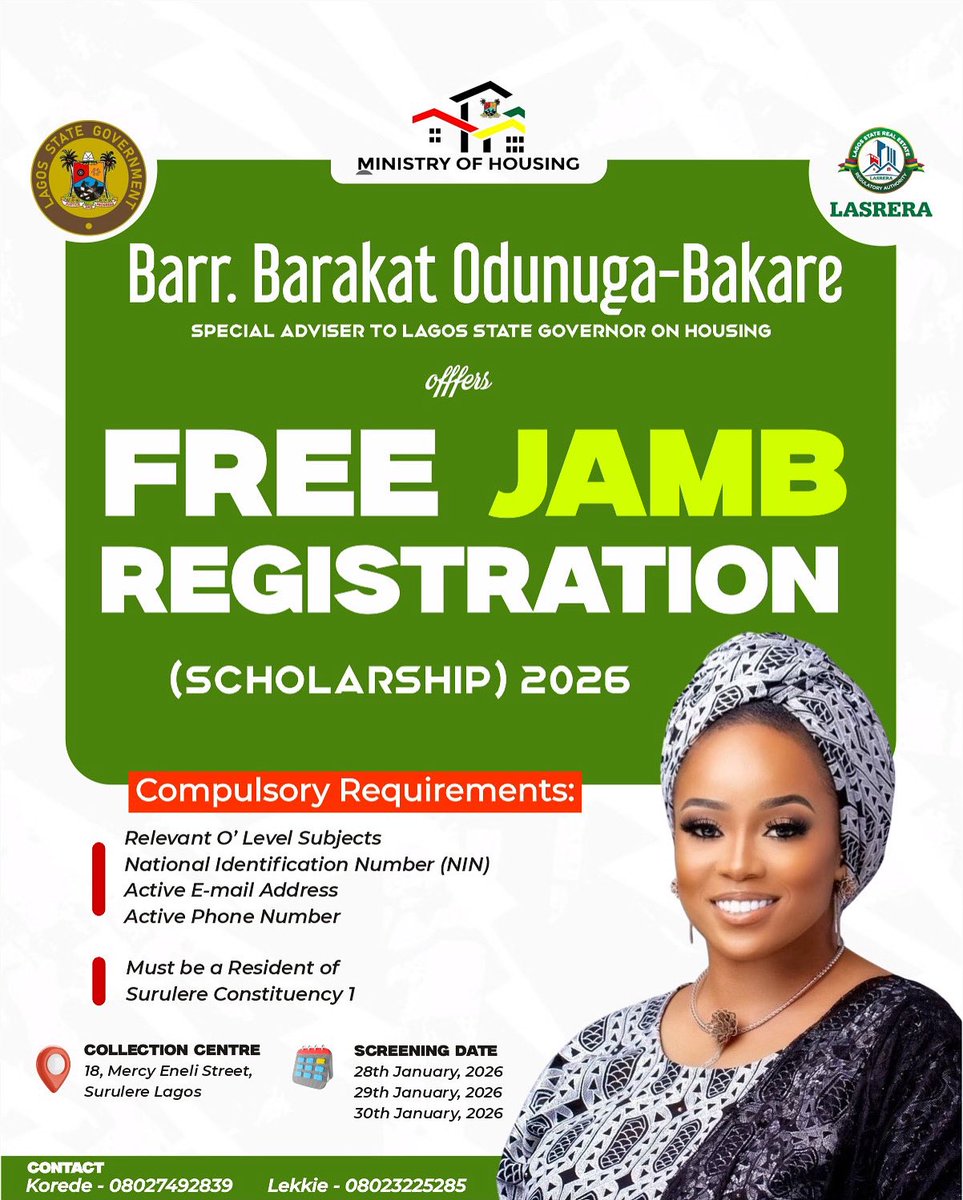 FREE JAMB FORM &amp; REGISTRATION

Students &amp; parents in Surulere Constituency I are hereby informed of a FREE JAMB FORM &amp; REGISTRATION opportunity

This initiative is part of my continued commitment to education, youth development, and equal opportunity for students within Surulere