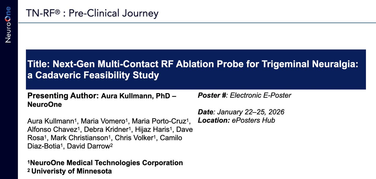 N1MTC's tweet photo. @N1MTC's Aura Kullmann has a second poster available at @NANS_ION  #NANS2026! Visit the ePosters Hub January 22-25 to view "Next-Gen Multi-Contact RF Ablation Probe for Trigeminal Neuralgia: a Cadaveric Feasibility Study." (RxOnly) https://t.co/AlOwfCQoDf