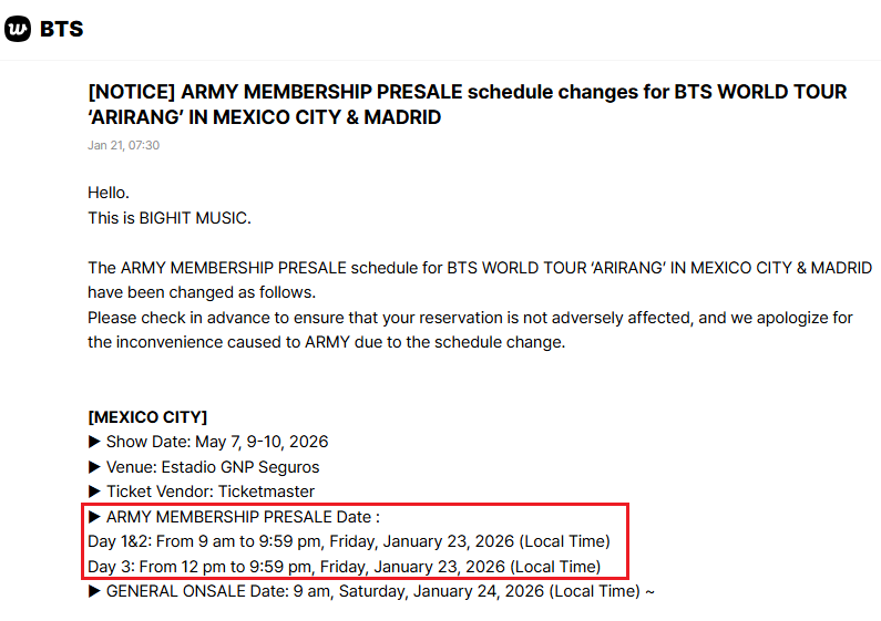 mx_tickets's tweet photo. 💜BTS México - Infomación Importante💜

🚨Las preventas ARMY han cambiado de fecha al vienes 23 de enero, todo parece indicar que es para que mañana den los precios

#bts #mexico #boletos #notice #weverse #ticketsmx https://t.co/TRen9JAMX8