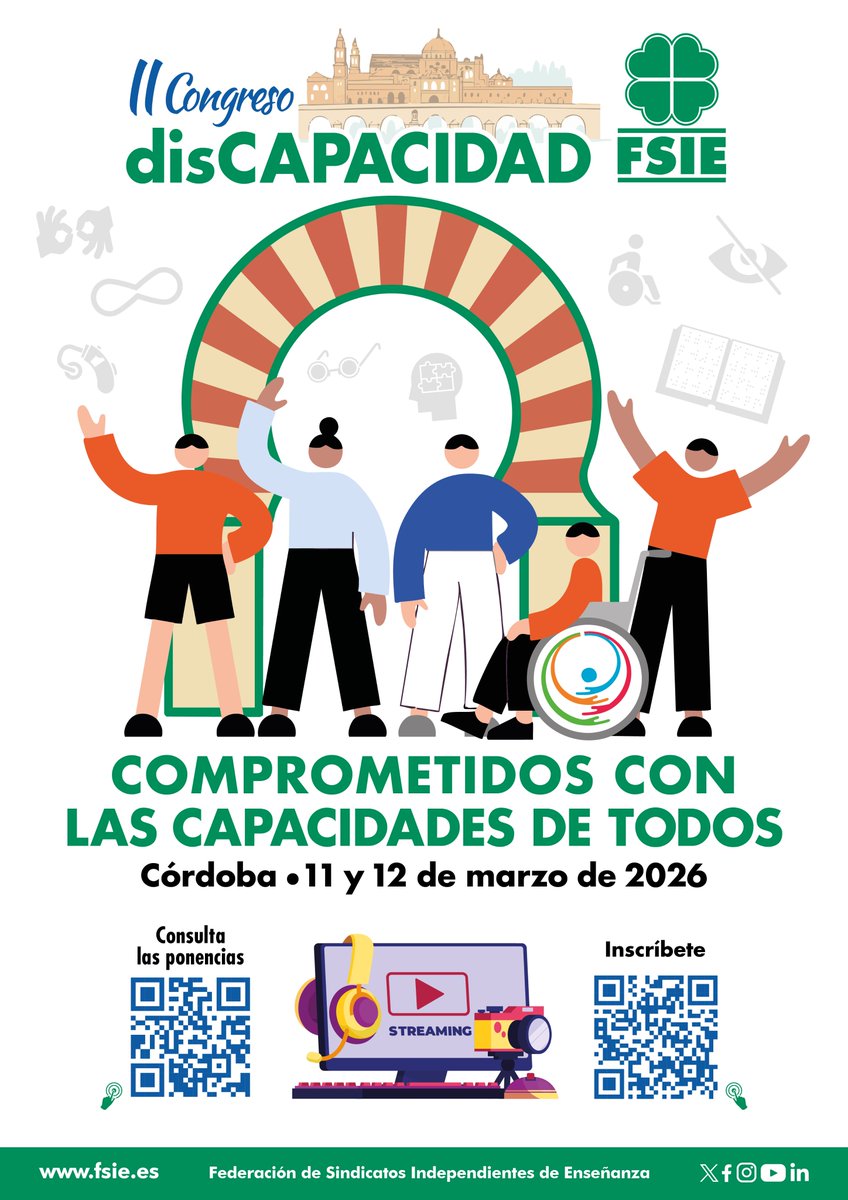 🚀 ¡Llega el II Congreso disCAPACIDAD de FSIE!

💡 "Comprometidos con las capacidades de todos"
📍 Córdoba / Online 
🗓️ 11 y 12 de marzo de 2026 

Elige tu modalidad: 
🎟️ Presencial (15 €) 
💻 Online (Gratis)

¡Inscríbete!  fsie.es/actualidad-com…

#FSIE #Discapacidad #Córdoba