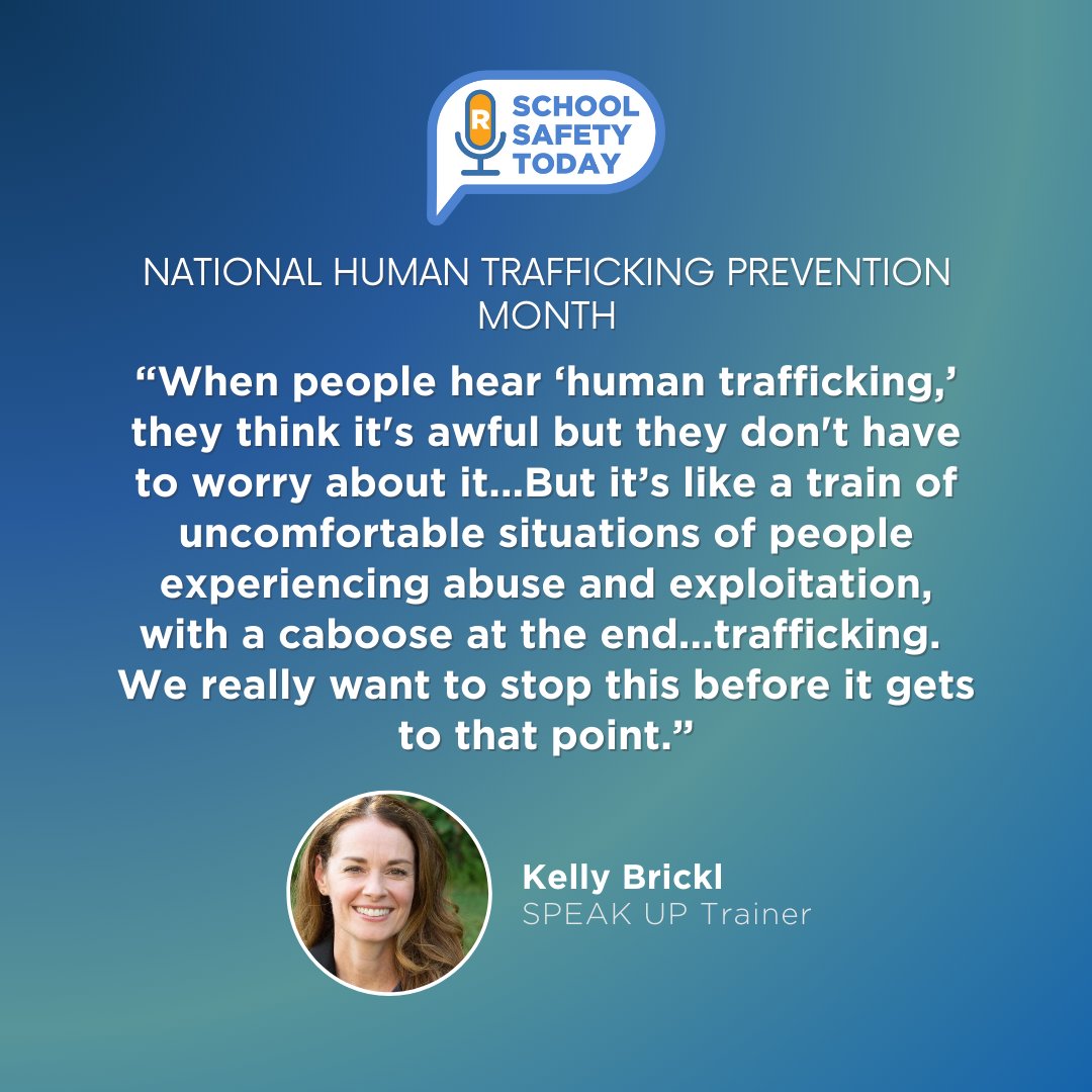 RaptorK12's tweet photo. Human trafficking is not one moment. It’s a series of warning signs, uncomfortable situations, and missed opportunities to intervene. 
 
In this episode of School Safety Today, Dr. Amy Grosso talks with Kelly Brickl about what prevention really looks like in schools and why awareness before a crisis matters. 
 
🎧 Listen to the full conversation. 👉 https://t.co/Mch9JTUJMJ  
 
#HumanTraffickingPreventionMonth #SchoolSafety #StudentWellbeing