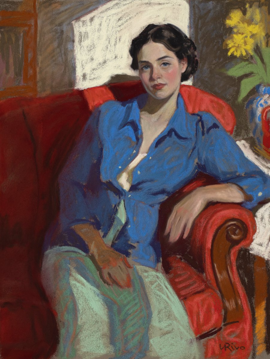 LenaRivo's tweet photo. "Woman on a red sofa", 10x12 in., soft pastel and pastel pencils on Canson Mi-Teintes Velvet paper. https://t.co/I13E4S0V2N
