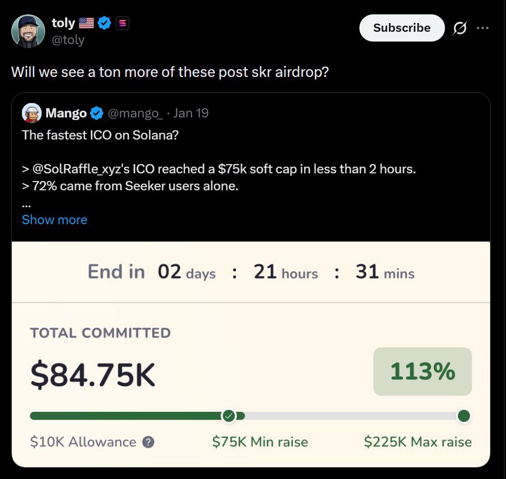 Hello everyone ! 

I mentioned <a href="/raffledotsol/">Sol Raffle</a> the other day. For those wondering how the ICO is going, here's an update:

They've hit 223% of the Softcap. That's $167K raised, only 25% left until Hardcap.

Today is the $SKR launch day and there are 3 ICOs dropping at the same time
