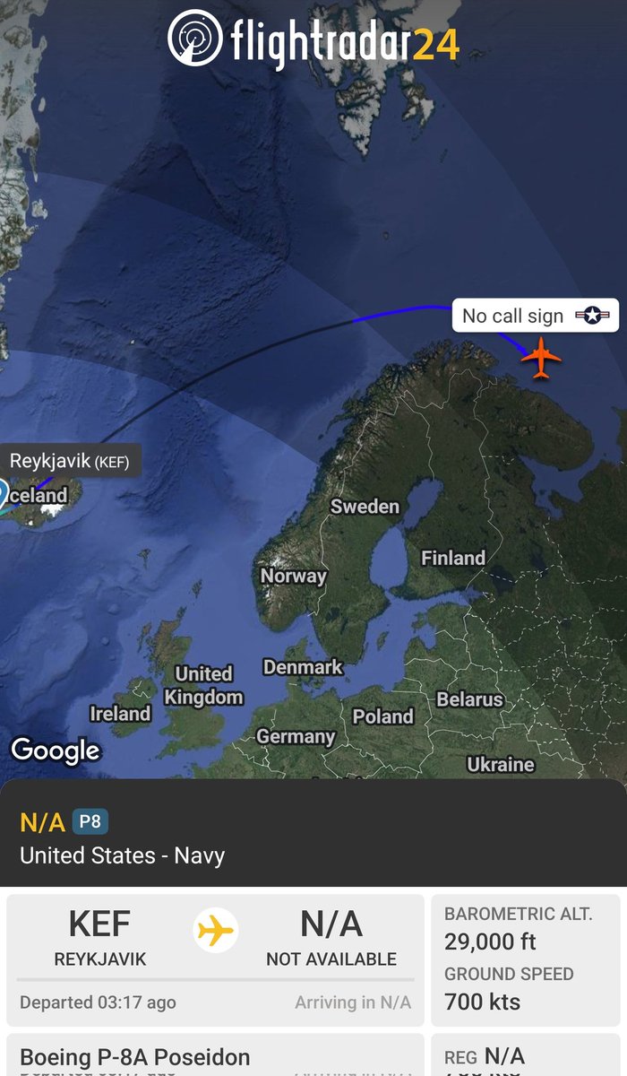 sipjack1776's tweet photo. P-8A ๐บ๐ฒ
#AE6809
Out of Reykjavik operating north of Murmansk over the Barents Sea.
@Borrowed7Time @N214WN https://t.co/uZzwIrm24A