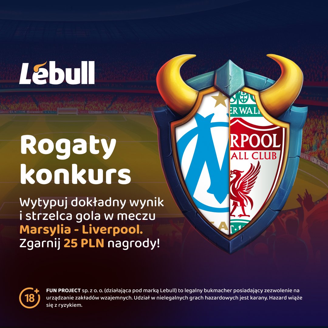 #KONKURS z Liga Mistrzów!

1. Podaj dokładny wynik i strzelca gola w meczu Olympique Marsylia - Liverpool FC!
2. Zaobserwuj <a href="/LebullPl/">Lebull - zakłady bukmacherskie</a>, polub♥️ i podaj dalej ten post.
3 najszybsze, poprawne typy = 25 PLN nagrody!

Typować można do 21.01. do godz. 21:00
Reg.:
