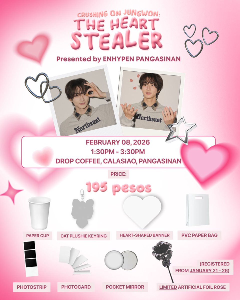 This February, let your heart be stolen all over again💘

💗Crushing on Jungwon: The Heart Stealer💗

📅 Date: February 08, 2026
⏰ Time: 1:30 PM – 3:30 PM
📍 Venue: Drop Coffee, Calasiao, Pangasinan
🎁 CSE Kit Fee: PHP 195.00

Registration Form: forms.gle/hdG4qANRKV9k9C…