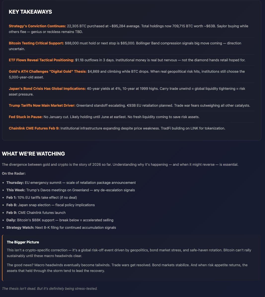 Bitcoin & Global Market Uncertainty: -@Strategy add 22k+ Bitcoin ($2.13B)  -Gold smashes past $4,870 ATH. -Bitcoin Drops below $88k -Trump tariffs  200% French champagne over Greenland. -Japan bonds meltdown -Eth ETFs bleed