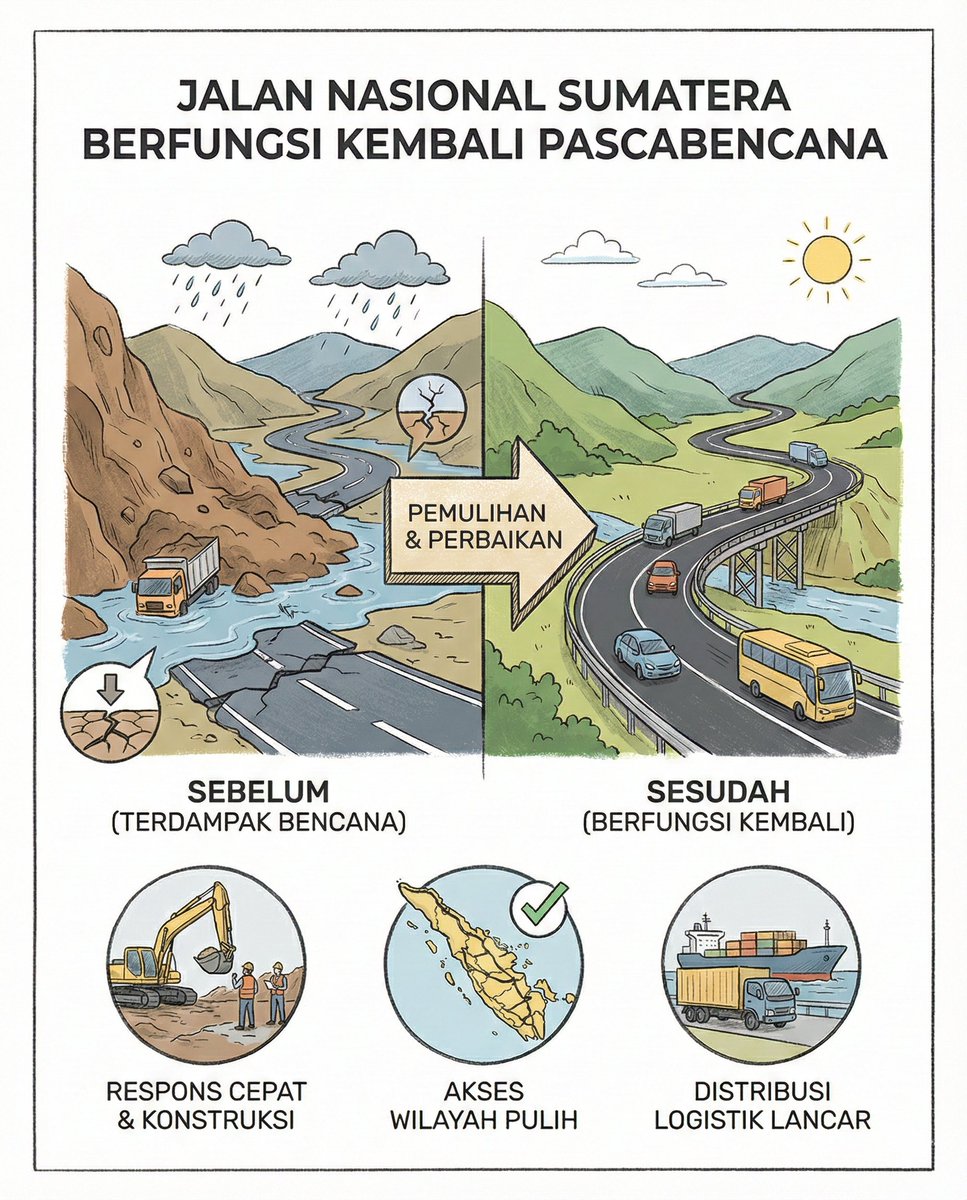 Hasil pemulihan infrastruktur pascabencana, semua ruas jalan nasional yang terdampak banjir dan tanah longsor di Sumatera udahd berfungsi kembali lho..

nasional.kompas.com/read/2026/01/2…