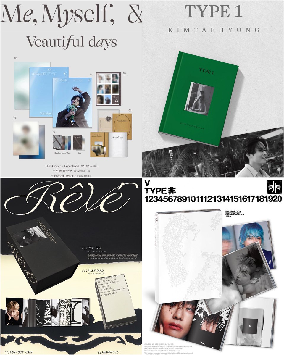 TaeVear50's tweet image. 4 Photobooks – 4 Completely Different Colors of Kim Taehyung! 

Veautiful Days (December 2022) derived from V’s idea portrays a day in the life of a 19th century British gentleman reinterpreted through his taste.

TYPE 1 (June 2024) captures V’s moments of complete rest,…