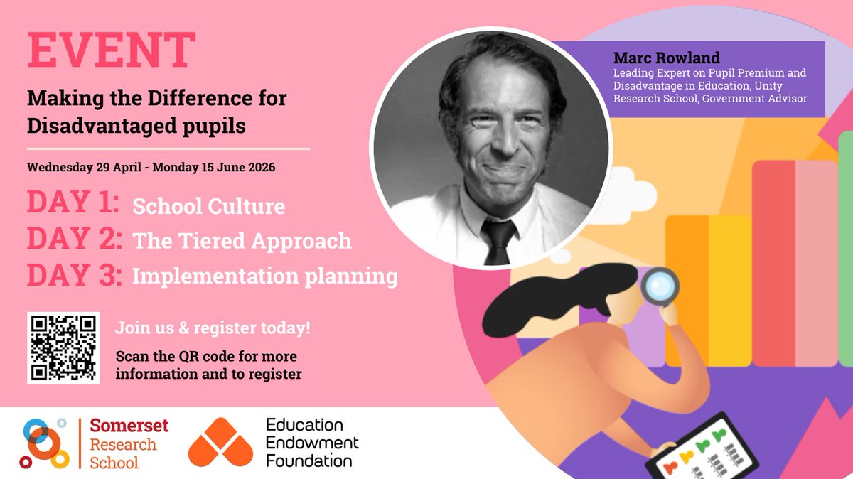SomResearchSch's tweet photo. Join us for this 3-day programme where we will explore what the evidence says about how disadvantaged learners make progress and how we can respond to the disadvantage gap.

Find out more and register here: https://t.co/qDfXS5w7Fh https://t.co/utCK2MWdOn