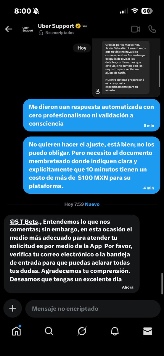 S_T_Bets's tweet photo. No quieren hacer el ajuste de tarifa, está bien. No los puedo (ni los quiero) obligar. Pero necesito el documeto membretado donde indiquen xlara y explícitamente que 10 minutos tienen un costo de más de $100 MXN para su plataforma. @Uber_MEX @Uber @Uber_Support @Profeco @GobCDMX https://t.co/zUEjBK0uZF