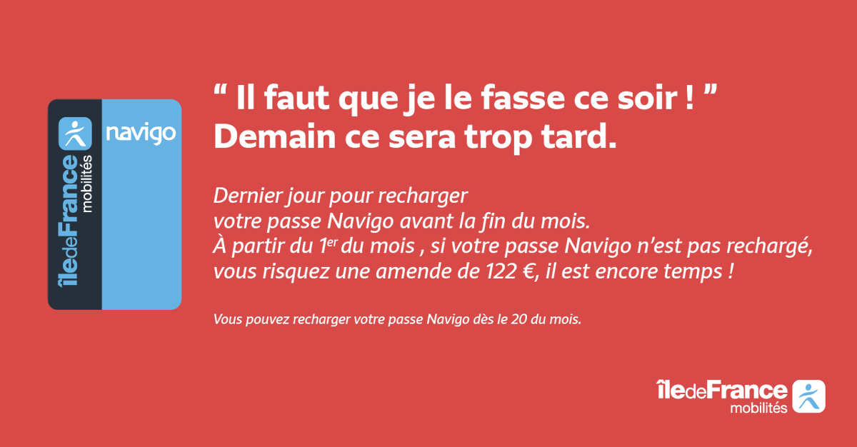 Pensez à recharger votre passe #Navigo pour être prêt dès le premier du mois suivant. 
Pour en savoir plus sur le rechargement ▶️ iledefrance-mobilites.fr/titres-et-tari…