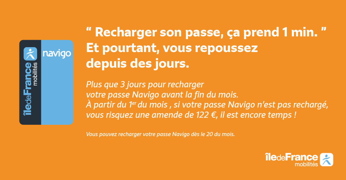 Pensez à recharger votre passe #Navigo pour être prêt dès le premier du mois suivant. 
Pour en savoir plus sur le rechargement ▶️ iledefrance-mobilites.fr/titres-et-tari…