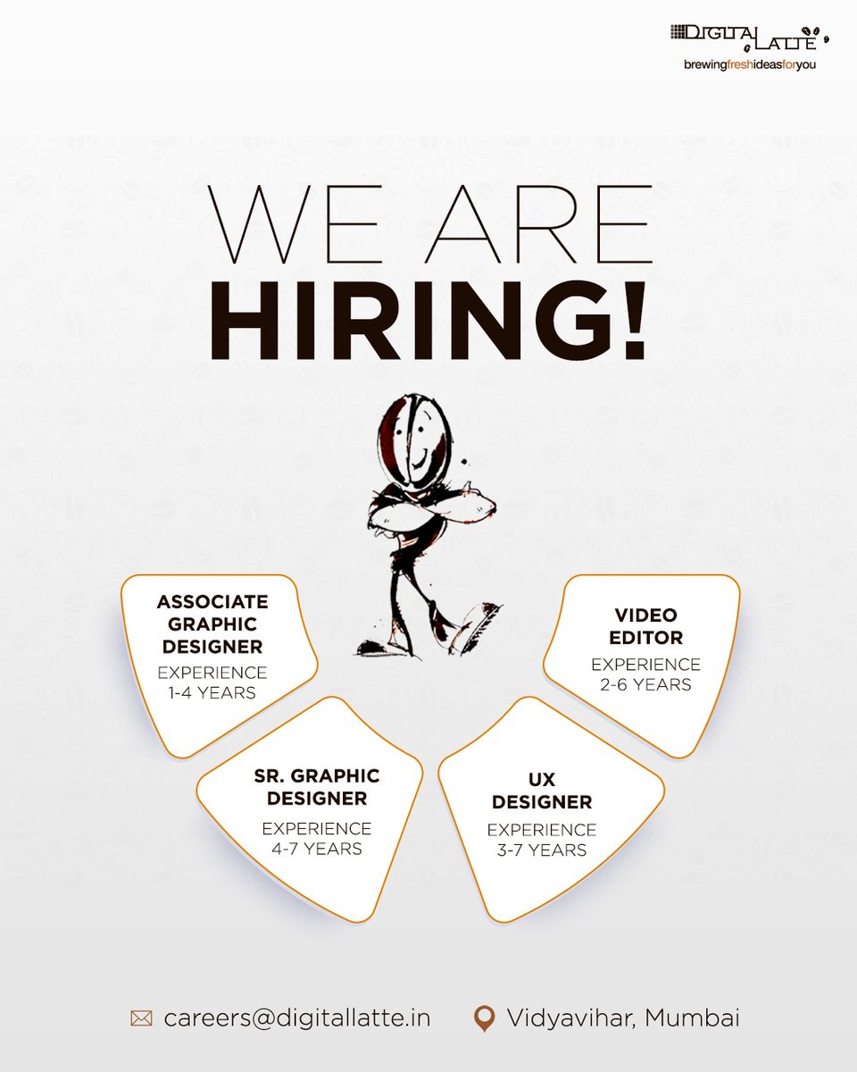 DigitalLatte's tweet photo. Can you design to delight?
Can you create to inspire?
Can you turn idras into impact?

If yes, we are looking for you.

Mail your CV along with below details to careers@digitallatte.in

Link to Portfolio:
Current CTC
Expected CTC
Notice Period (if any)

#Hiring #CreativeJobs https://t.co/tMixEHOOE4