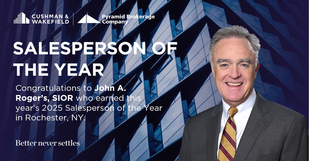 Congratulations to John A. Rogers, SIOR, our 2025 Rochester Salesperson of the Year. John closed $29.9M in transaction value, delivering consistent results and a standout year.

#CRE #SalespersonOfTheYear