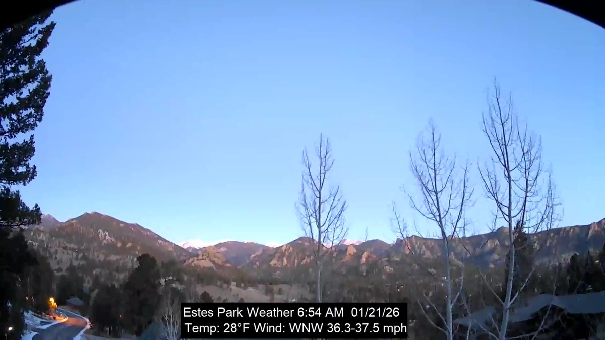EstesWeather's tweet image. Estes Park, CO weather: clear | 28F | humidity 27 | wind WNW 31.1 -&amp;gt; 39.4 | Today: 28F/32F Rain 0.00 |  January 21, 2026 at 07:00AM #cowx