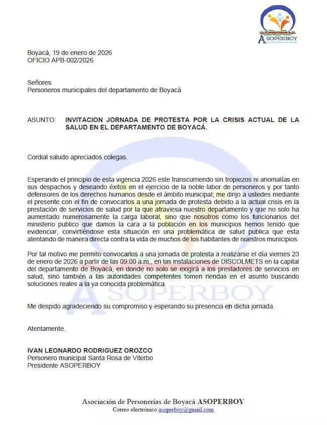 1anoticiass's tweet photo. La Asociación de Personeros de #Boyacá, convocan a una jornada de protesta por la actual crisis en la prestación de servicios de la salud. Viernes 23 de enero de 2026 en la sede de #Discolmets, #Tunja. @AlcaldiaTunja @ElRusoAlcalde @SecSaludBoyaca @TunjaPersoneria @DefensoriaCol https://t.co/pjoVeKfVTd