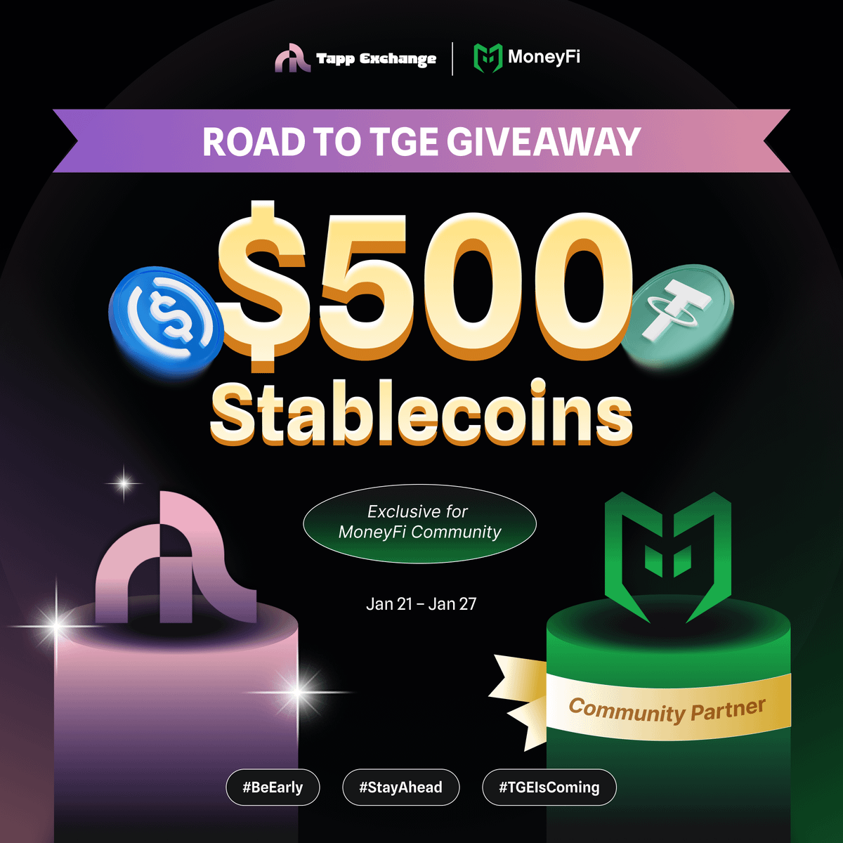 MoneyFiHub's tweet photo. 📣 ATTENTION MONEYFI COMMUNITY 📣

@TappExchange is officially entering the final phase before TGE.
As a trusted partner, MoneyFi is excited to support this milestone by launching an exclusive giveaway for our community.

ROAD-TO-TGE GIVEAWAY – MONEYFI x TAPP EXCHANGE

🎁 $500 in Stablecoins exclusively for the MoneyFi community
📅 Jan 21st – Jan 27th

This campaign rewards early supporters who engage ahead of Tapp Exchange’s upcoming TGE.

⚡Be early. Stay ahead. TGE is coming ��

👇 Check the next tweet for full participation steps
