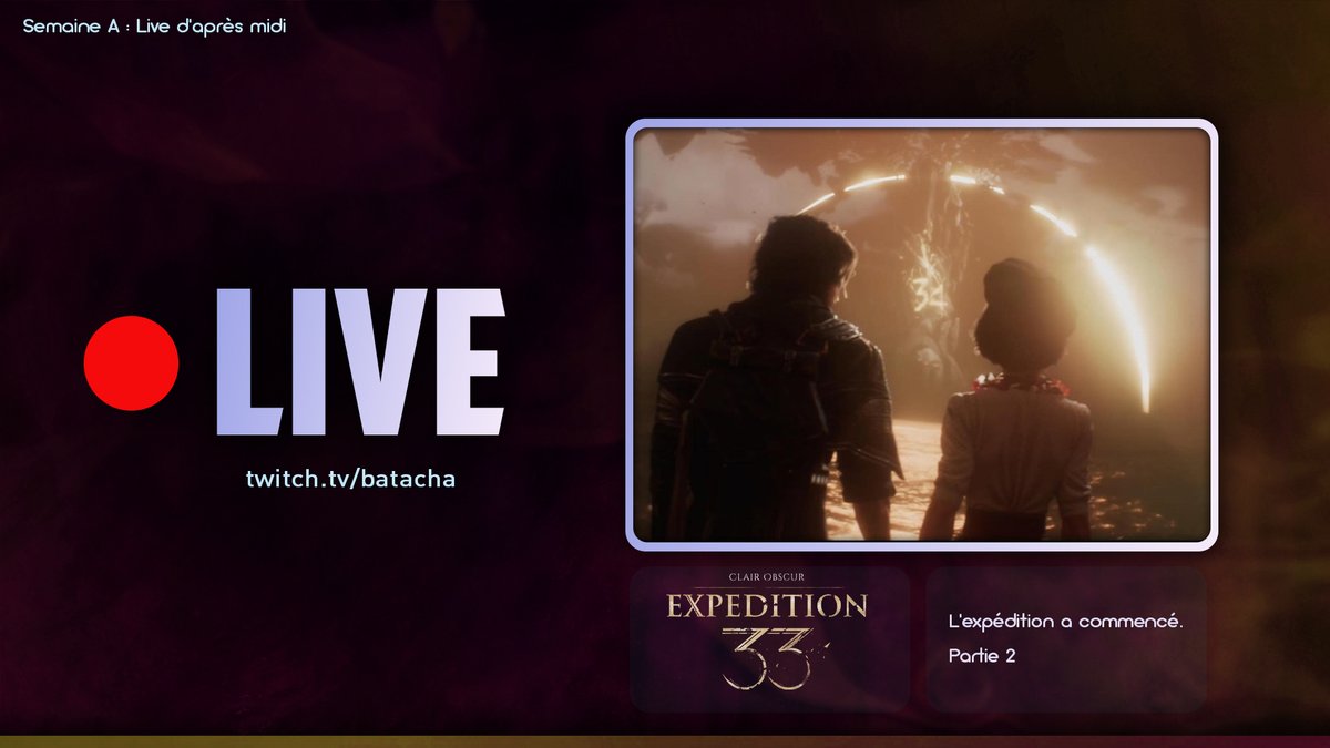 🔴LIVE : twitch.tv/batacha

L'expédtion 33 secondes .... Et mnt ? #ClairObscurExpedition33 

 #Twitch #TwitchBE #TwitchFR